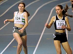 Darcey Hodgson, left, finishing third in the under-15 girls' 800m in Sheffield at the England Athletics Indoor Championships. (Picture by Mark Shearman, 30496031)