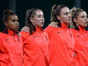 MURCIA, SPAIN - NOVEMBER 15: Nikita Parris, Maya Le Tissier, Niamh Charles and Rachel Daly of England stand for the national anthem prior to the International Friendly between England and Norway at Pinatar Arena on November 15, 2022 in Murcia, Spain. (Photo by Naomi Baker - The FA/The FA via Getty Images). (31478073)