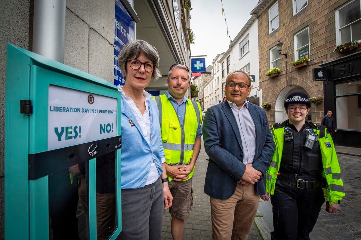Left to right: St Peter Port douzenier Odette Duerden, Anthony Court from Traffic and Highway Services, Deputy Chris Blin and PC 60 Ellora Koulcoutas next to Guernsey's first cigarette 'ballot' bin outside Boots in Town.  (Picture by Sophie Rabey, 30802668)