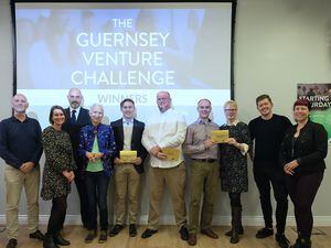 Winners of the Digital Greenhouse’s Guernsey Venture Challenge 2022 (holding gold envelopes), left to right, Youngpreneur winner Louis Pike from ISO-PASS, Dave Zak from NionNet Origin, and Trevor and Catherine Nicholls from EaseeDo. (31404523)
