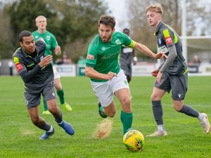 Ross Allen in action for GFC against Thatcham Town at Footes Lane in November 2021. (Picture by Andrew Le Poidevin )