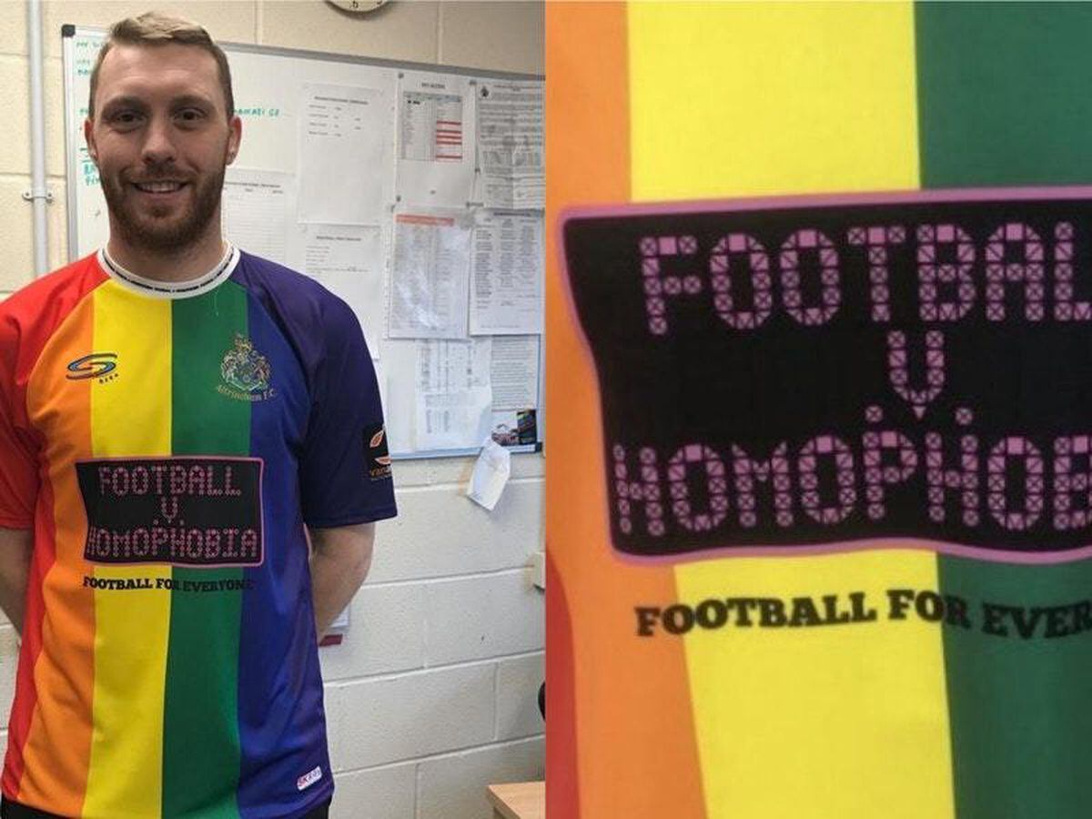 Altrincham Special football shirt 2019. Sponsored by Football v Homophobia