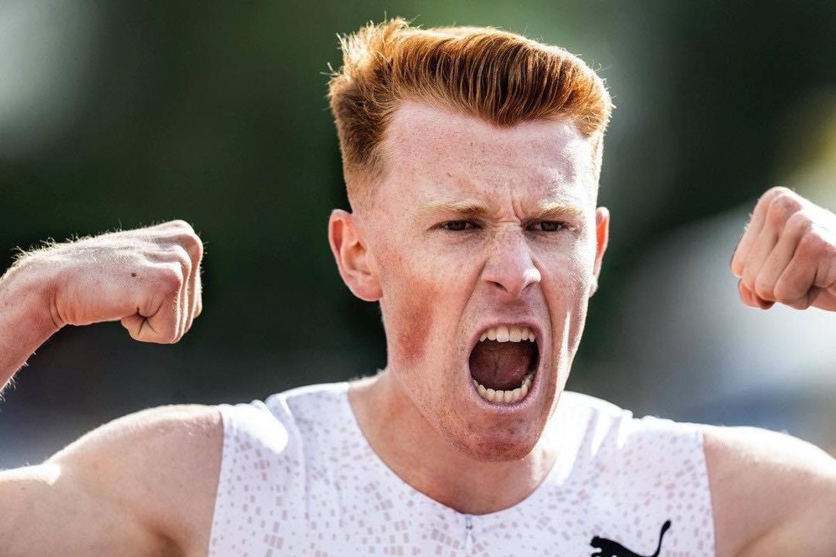 Ala Chalmers shows his emotion after breaking the Island men's 400m hurdles record with a brilliant run of 48.88sec. in Belgium at the weekend. (30875706)
