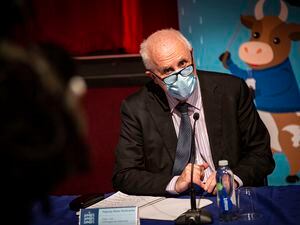 CCA president Deputy Peter Ferbrache wearing a mask at a press briefing in January. (Picture by Sophie Rabey, 30189624)