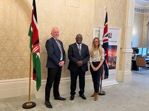 Lee Madden and Em Holliday of recruitment company GR8 with the Kenyan High Commissioner Manoah Esipisu.