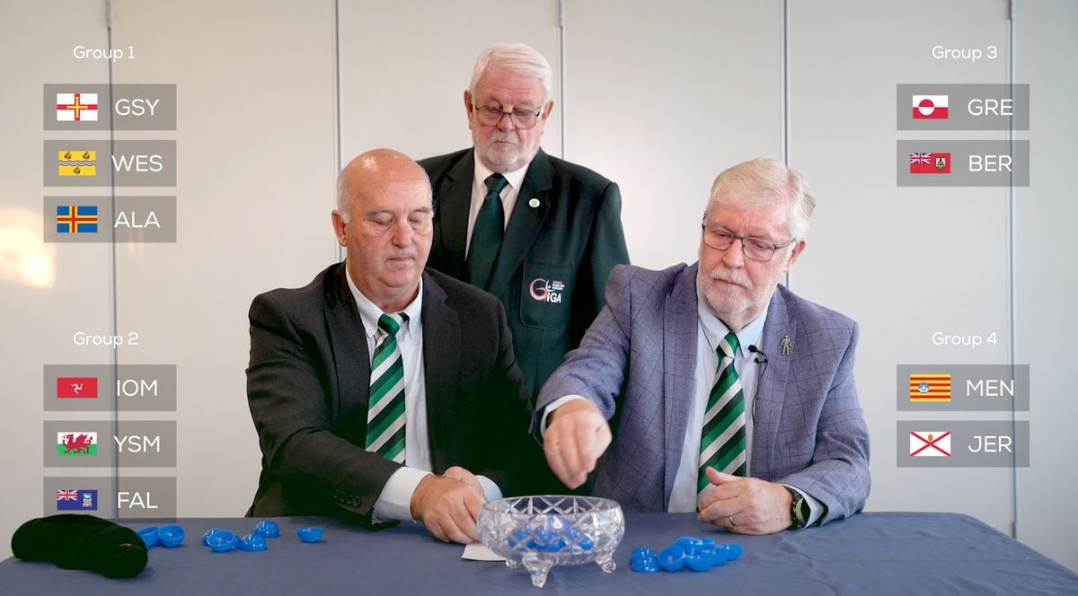 The draw being made for the Guernsey 2023 NatWest International Island Games football competitions. Left to right: Martyn Banton, Guernsey Football Association vice-chairman, Brian Allen, chairman of the Guernsey Island Games Association and Chris Schofield, GFA chairman. (31755620)