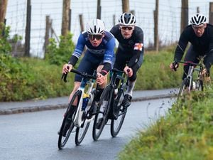 Sam Culverwell leading the way in the Guernsey Velo Club’s Reservoir road race on Sunday, his first local outing since his AT85 Pro Cycling team folded due to financial issues. (Picture by Luke Le Prevost, 31944701)