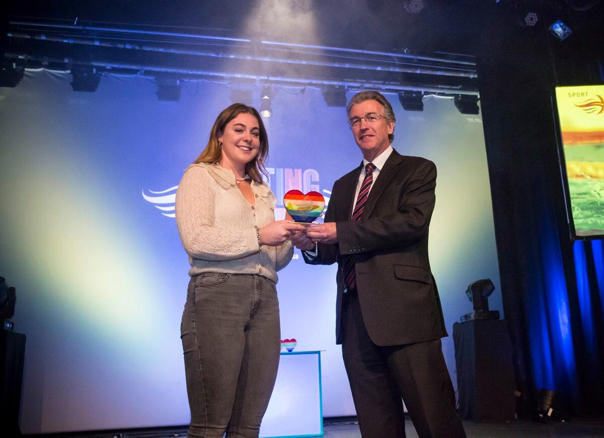 Pic by Adrian Miller 07-01-21 Beau Sejour theatre - Sporting Achievement Awards 2020 - Lambourne shield - Swimmer Tatiana Tostevin with Bailiff Richard McMahon. (29090705)