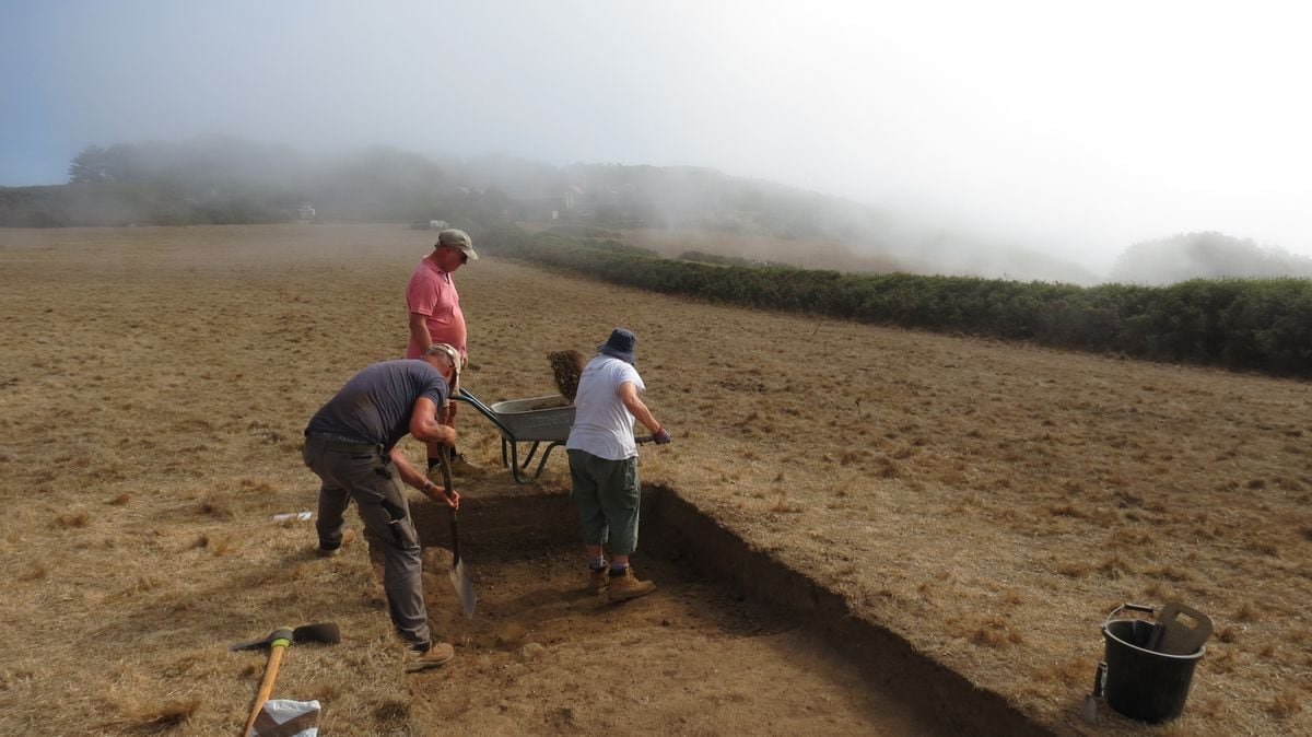 The dig site took on an eerie feeling when mist rolled in over Herm yesterday afternoon. (Picture supplied by Dr Phil de Jersey)