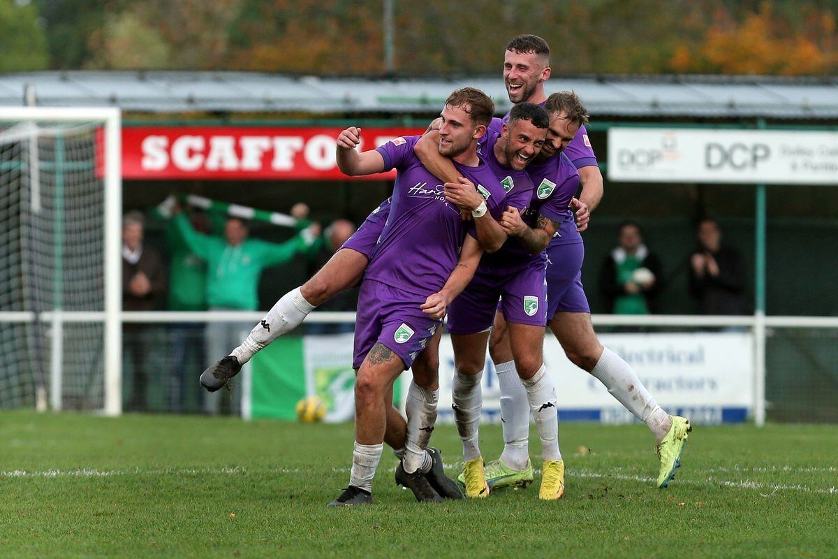 Guernsey FC celebrate Will Fazakerley's wonder goal against Chipstead. (Picture by ESA Photos, 31402279)