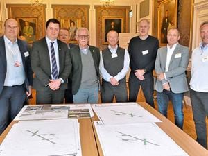 Pictured at the drop-in for the runway plans. From left: Ross Coppolo (Guernsey Ports), States member Alex Snowdon, Jim Anderson (Guernsey Ports), Policy & Finance chairman Bill Abel, Alderney economic planning officer Paul Veron, Colin Le Ray (Guernsey Ports) and Nico Bezuidenhout and Carl Phelan from Aurigny.  (Pictures by David Nash) 