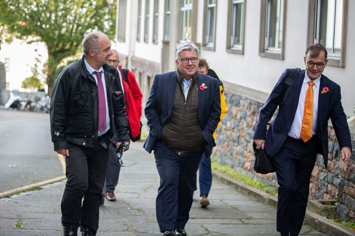 Deputies arrive for the second day of the 2023 annual budget debate. Left to right: Neil Inder, David Mahoney, Mark Helyar, Sam Haskins and Nick Moakes. (Picture by Luke Le Prevost, 31437125)
