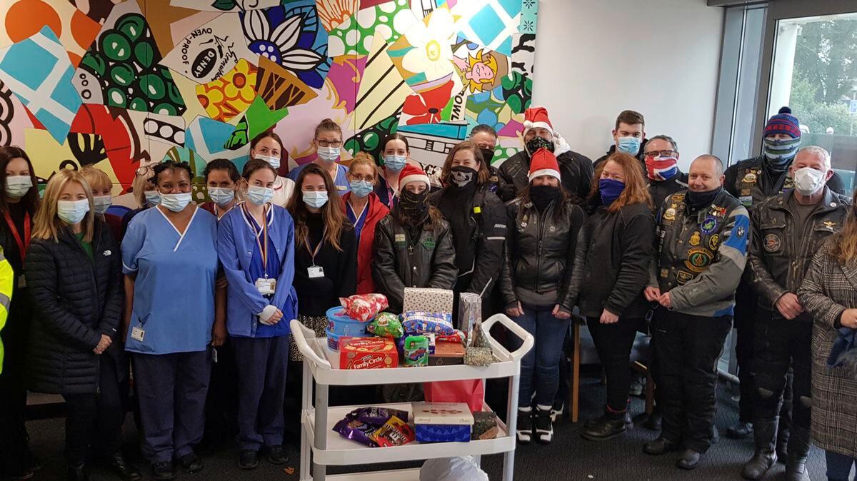 Two biker groups joined forces to deliver Christmas gifts for staff at the Princess Elizabeth Hospital. (Picture by Juliet Pouteaux, 30274569)