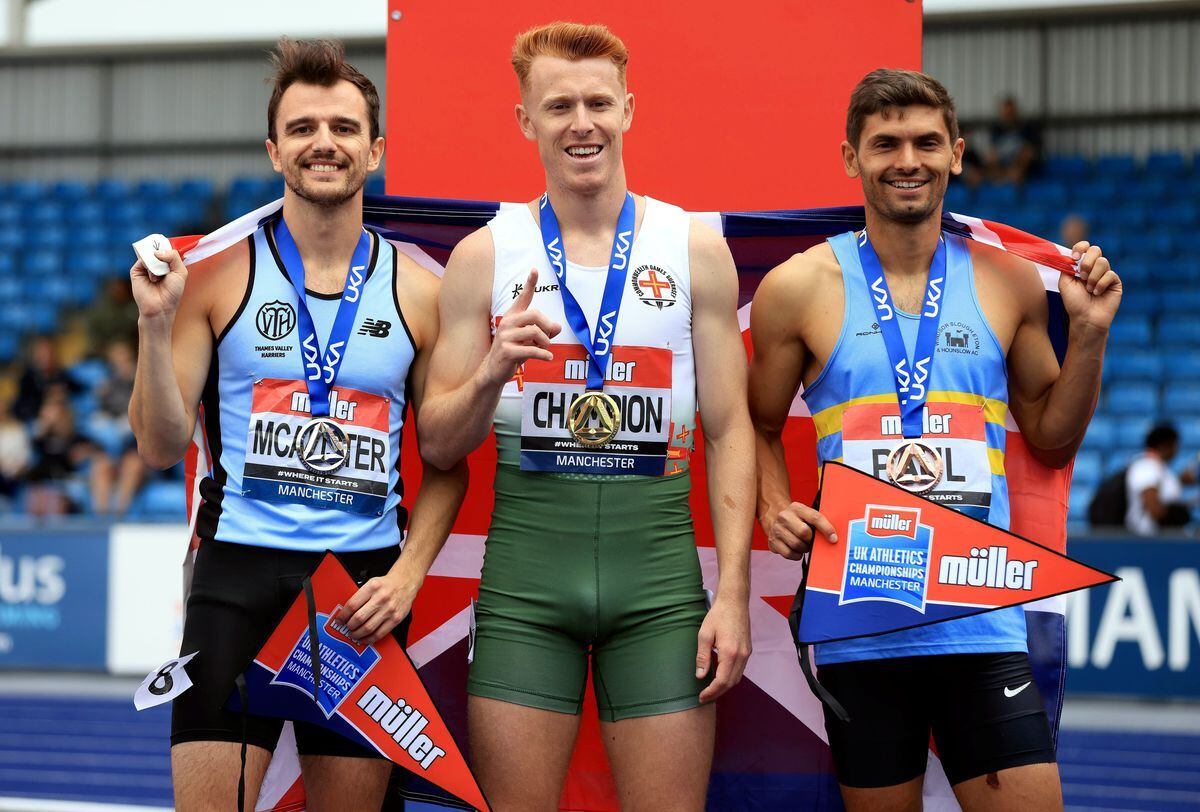 Alastair Chalmers won 400m hurdles gold for the third successive year at the UK Athletics Championships in Manchester last Saturday. He is flanked by silver medallist Chris McAlister and bronze medallist Jacob Paul. (Picture from British Athletics, 30969265)