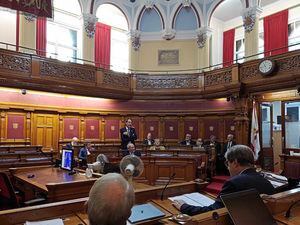 Deputy Steve Falla led the seven-strong Guernsey delegation to the Crown Dependencies Network event in Jersey, which involved three days of meetings, including a visit to Jersey's States chamber. (Picture supplied by Emma Atkinson). (30203156)