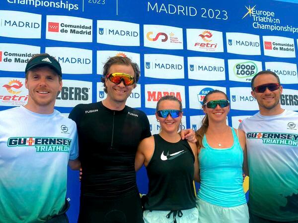Guernsey triathletes at the 2023 Europe Triathlon Championships in Madrid. Left to right: Chris Norman, Ove Svejstrup, 
Chloe Truffitt, Megan Chapple and Dave Mosley.		          (Picture supplied by Guernsey Triathlon, 32181317)