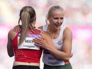 Guernsey's Abi Galpin (right) and Wales' Hannah Brier after heat three of the first round of the Women's 100 metres at Alexander Stadium on day seven of the 2022 Commonwealth Games in Birmingham. Picture date: Thursday August 4, 2022.. (31112524)
