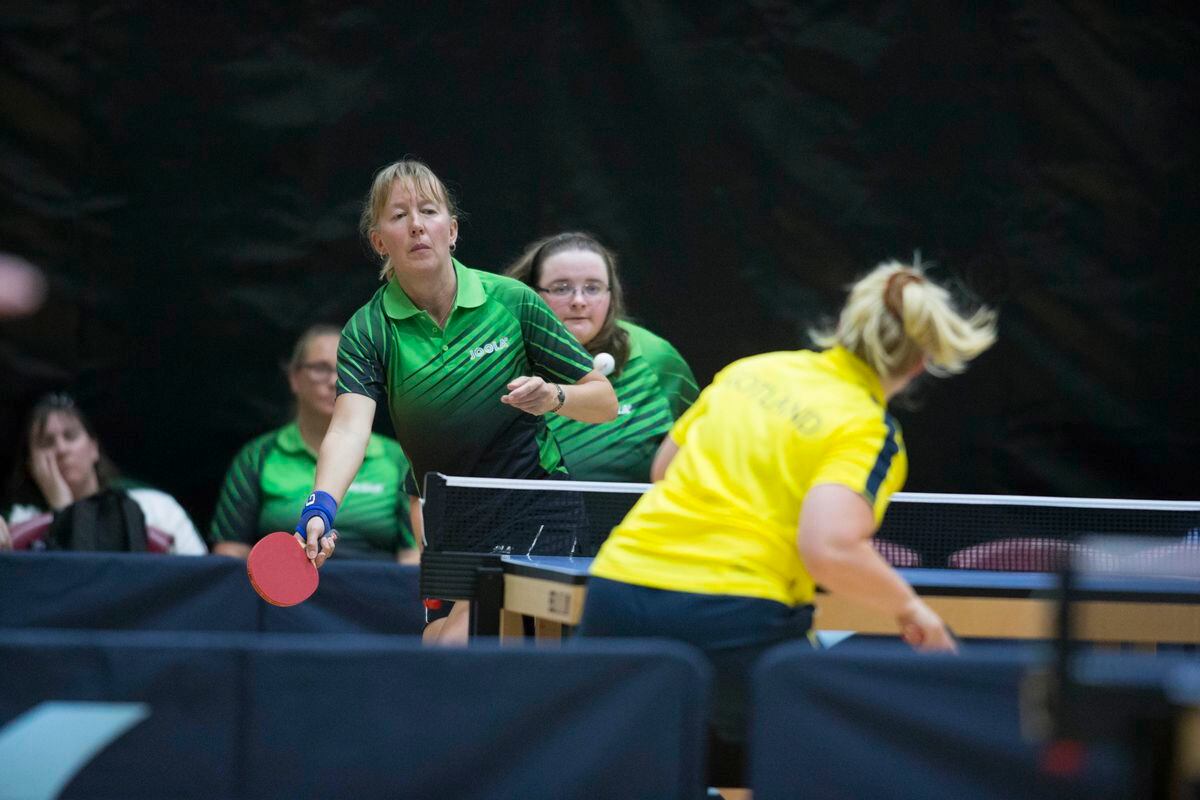 Picture By Peter Frankland. 08-07-19 Island Games 2019 Gibraltar IG 2019 Table Tennis. Guernsey v Gotland Women's doubles. Paula Le Ber and Dawn Morgan. (25171208)