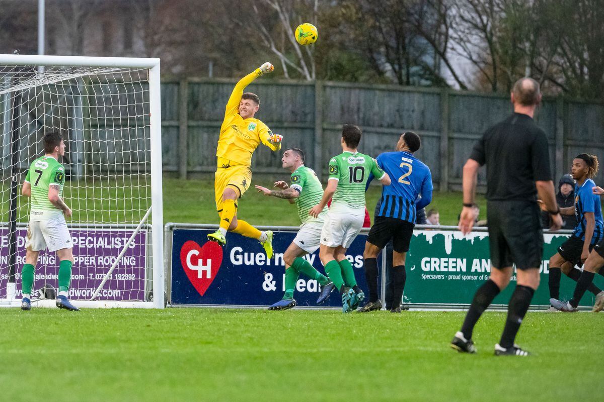 Goalkeeper Callum Stanton playing for Guernsey FC in 2019 before that season ground to a halt due to Covid. (Picture by Andrew Le Poidevin, 30358841)