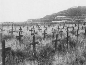 Alderney graves of Organisation Todt workers, who first arrived in the Channel Islands in 1941. Concentration camp victims were also buried here. (Picture from the Carel Toms Collection, courtesy of the Priaulx Library).08 Dec 2015. (32350642)