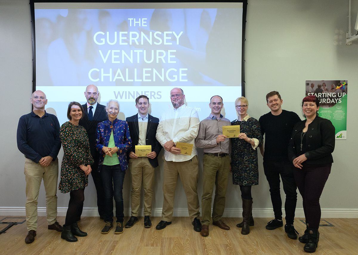Winners of the Digital Greenhouse’s Guernsey Venture Challenge 2022 (holding gold envelopes), left to right, Youngpreneur winner Louis Pike from ISO-PASS, Dave Zak from NionNet Origin, and Trevor and Catherine Nicholls from EaseeDo. (31404523)