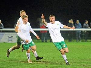 FOOTBALL Isthmian South Central - Binfield v Guernsey FC. Keene Domaille celebrates his first GFC goal.Picture by ESA Photos, 22-02-22. (30529484)
