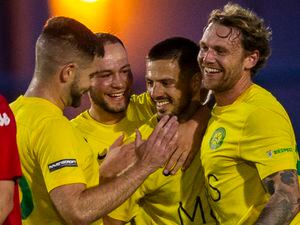 Marlon Jardim, second right, and his Vale Rec teammates are all smiles after his sensational strike opened the scoring at the Corbet Field on Friday night. (Picture by Luke Le Prevost, 32487134)
