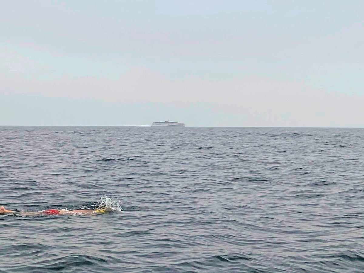 Adrian Sarchet mid-channel on Monday as he attempted to become the first person to swim solo from Guernsey to France. Image supplied by Mandy Macelworth.  (28569955)