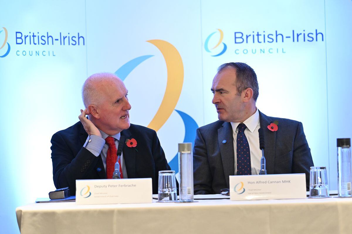 Deputy Peter Ferbrache, left, and Chief Minister of the Isle of Man Alfred Cannan during a press conference at the 38th British-Irish Council Summit in November last year. (32165207)