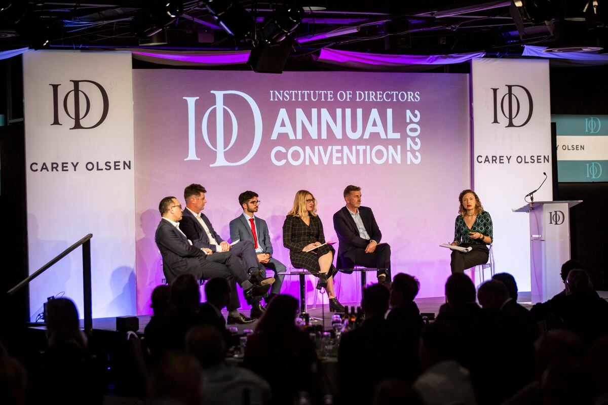 IOD Annual Convention 2022 at Beau Sejour. Left to right: Wolfango Piccoli (co-president, Teneo), Glen Tonks (country CEO, Credit Suisse, Guernsey), Akash Thaker (Youth Board member, Good Energy), Kaya Axelsson (policy engagement fellow, Oxford Net Zero),Martin Bunch (managing partner, law firm Bates Wells from London) and adjudicator Charlotte Sewell.   (Picture by Sophie Rabey, 31343959)